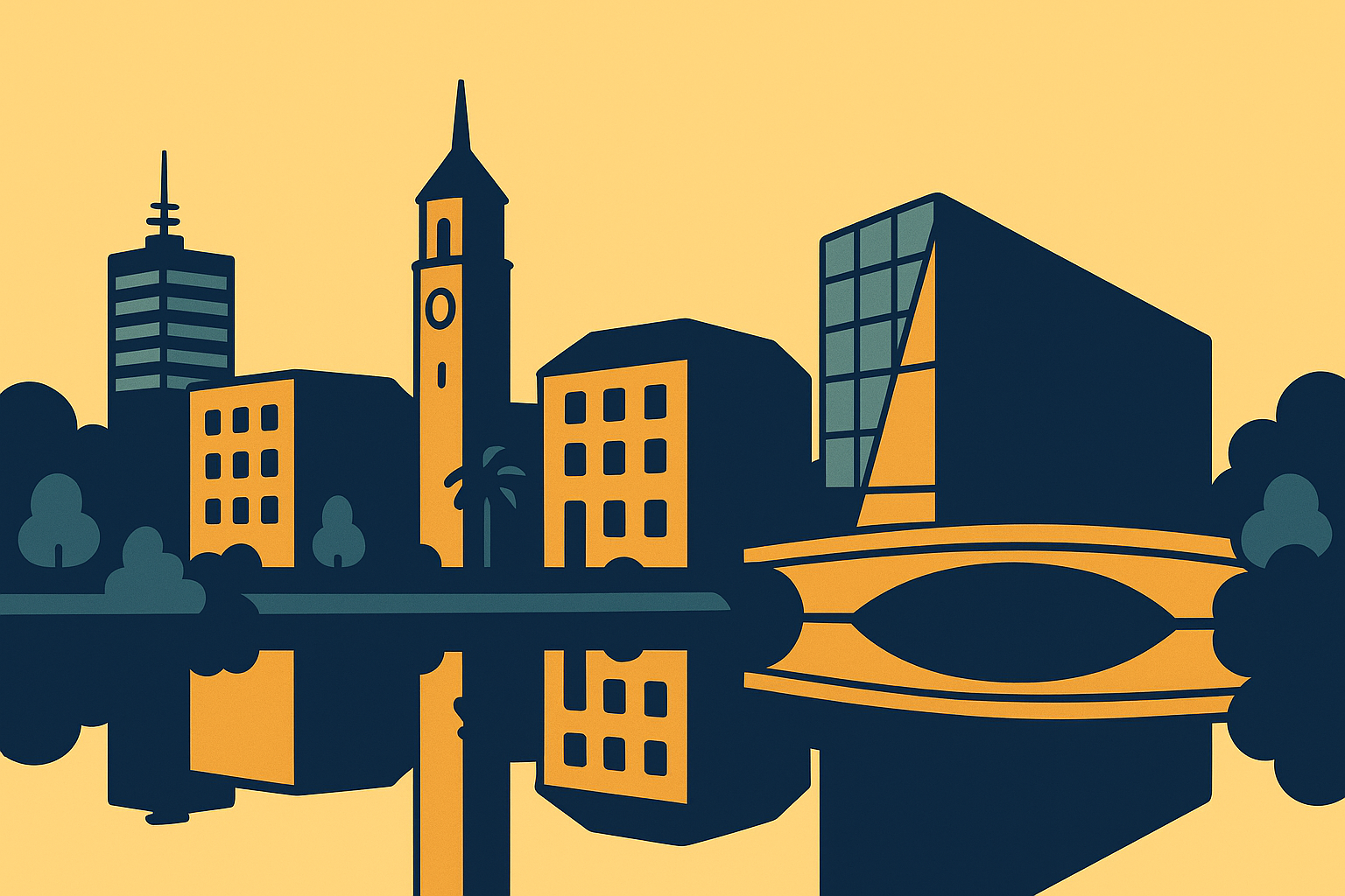 Werbeagentur Heilbronn als flache Illustration mit Skyline und Neckar im Retro Tech Stil