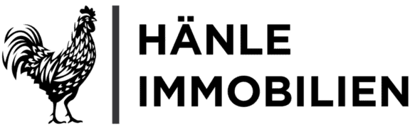 Schwarzes Logo mit einem Hahn und dem Schriftzug „Hänle Immobilien“, bei dem einige Buchstaben stilisiert oder unvollständig dargestellt sind.