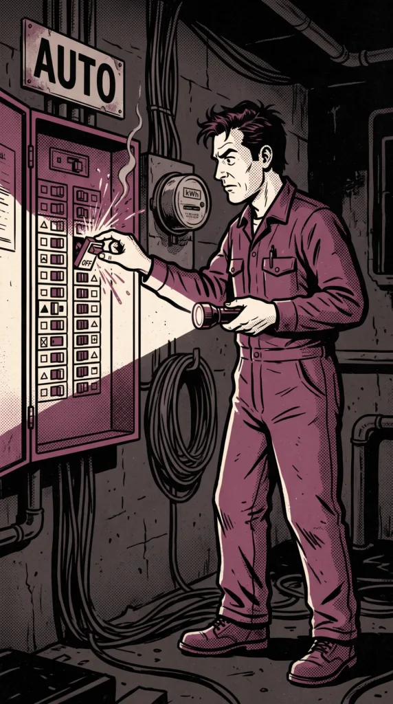 WordPress automatische Updates - Elektriker prüft einen herausgesprungenen Schalter im Sicherungskasten