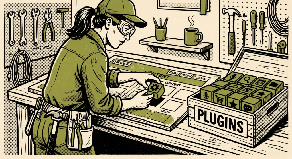 WordPress Update Reihenfolge - Handwerkerin setzt Plugins einzeln in eine Website ein