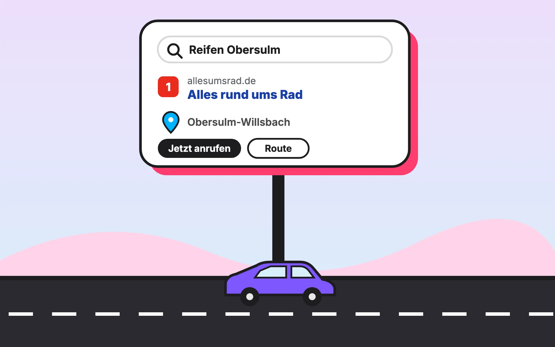 Illustration: Ein Werkstattschild am Straßenrand zeigt die Google-Suche „Reifen Obersulm“ mit allesumsrad.de auf Platz 1, darunter fährt ein Auto vorbei.